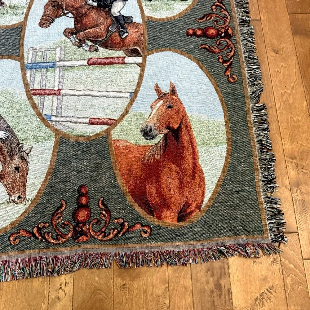 Vintage Run for the Roses Equestrian Tapestry Throw Horse Blanket USA 56x73